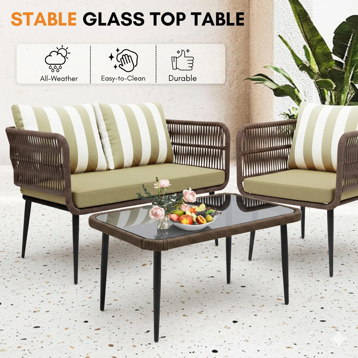 Outdoor 4-Seater Rope Conversation Set(Brown & Cream)