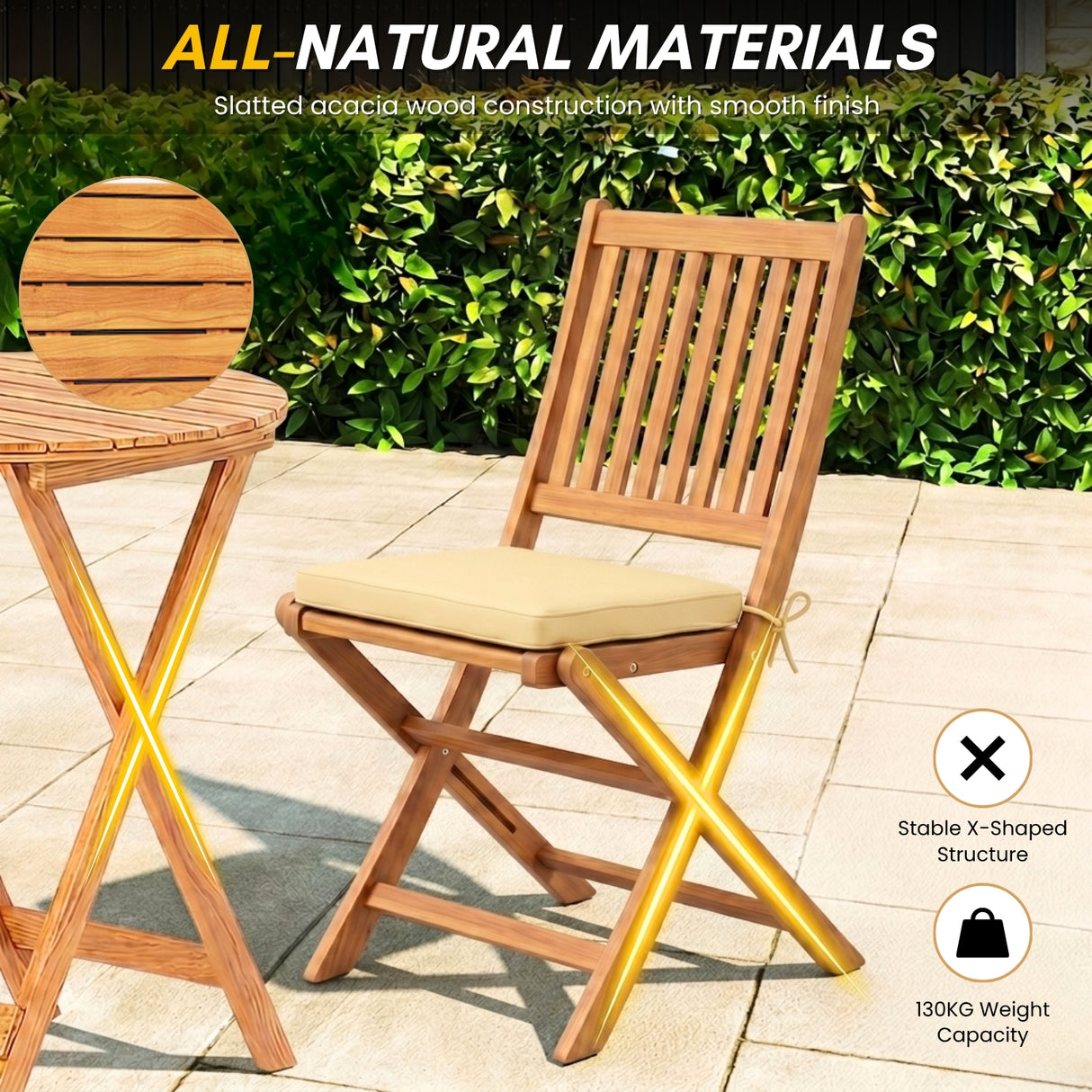 Acacia Wood Foldable Outdoor Bistro Set – 2 Chairs & Round Table