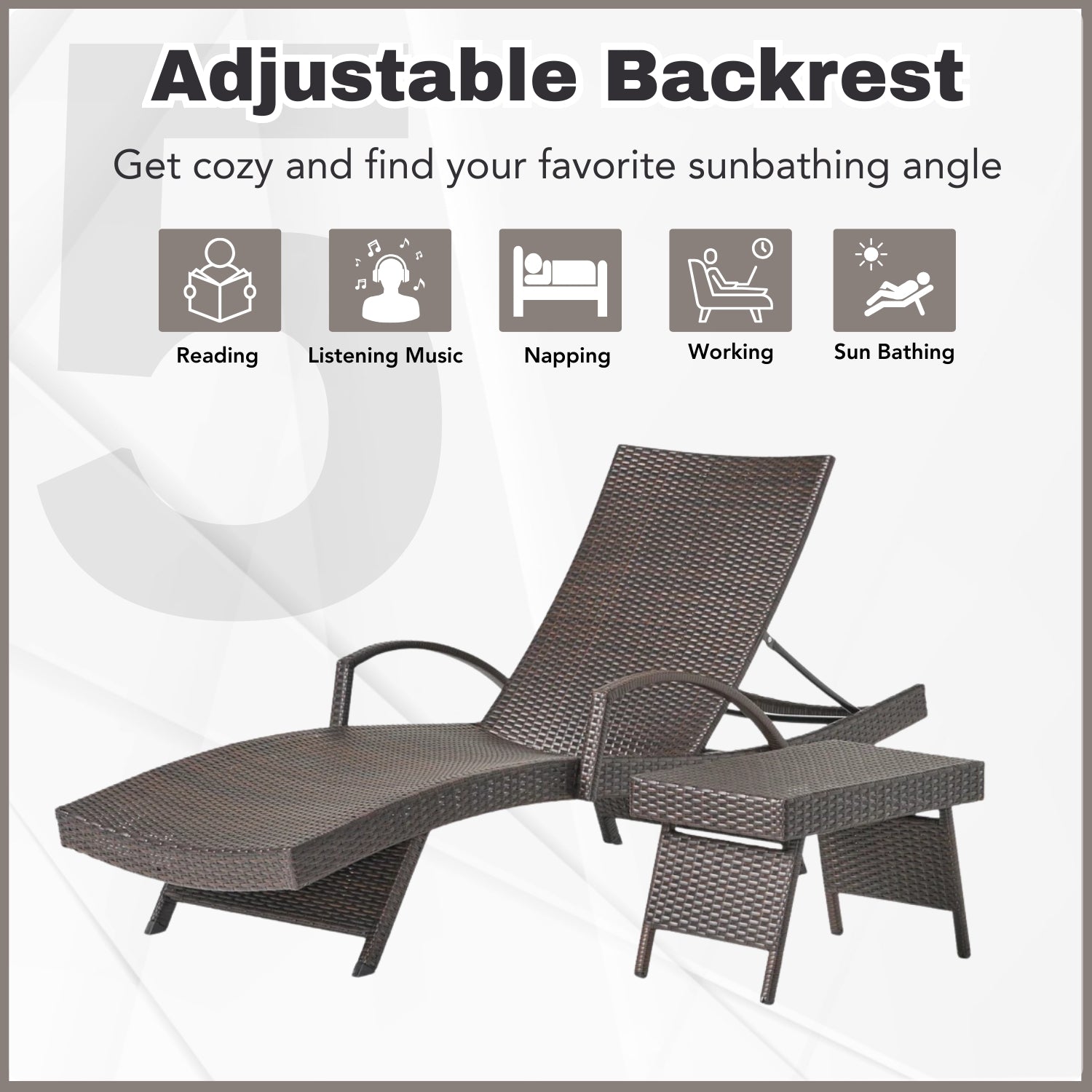 Outdoor All-Weather HDPE Wicker Rattan Sunlounger Recliner with Side Table