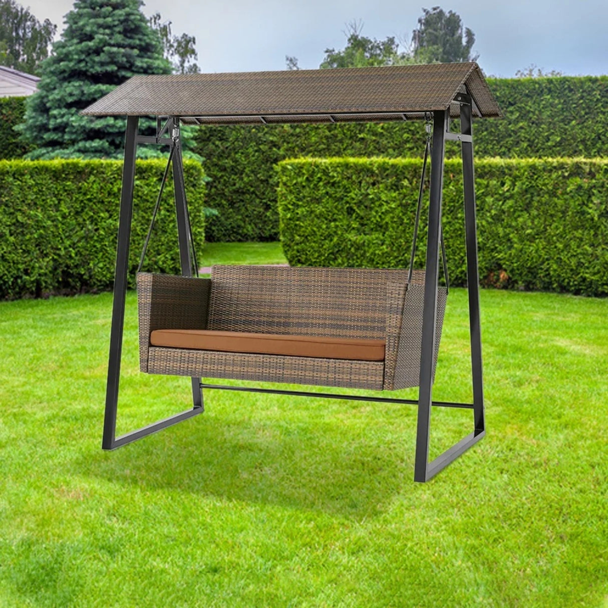 All Weather Wicker 2-Seat Patio Swing Chair with Shade & Cushions