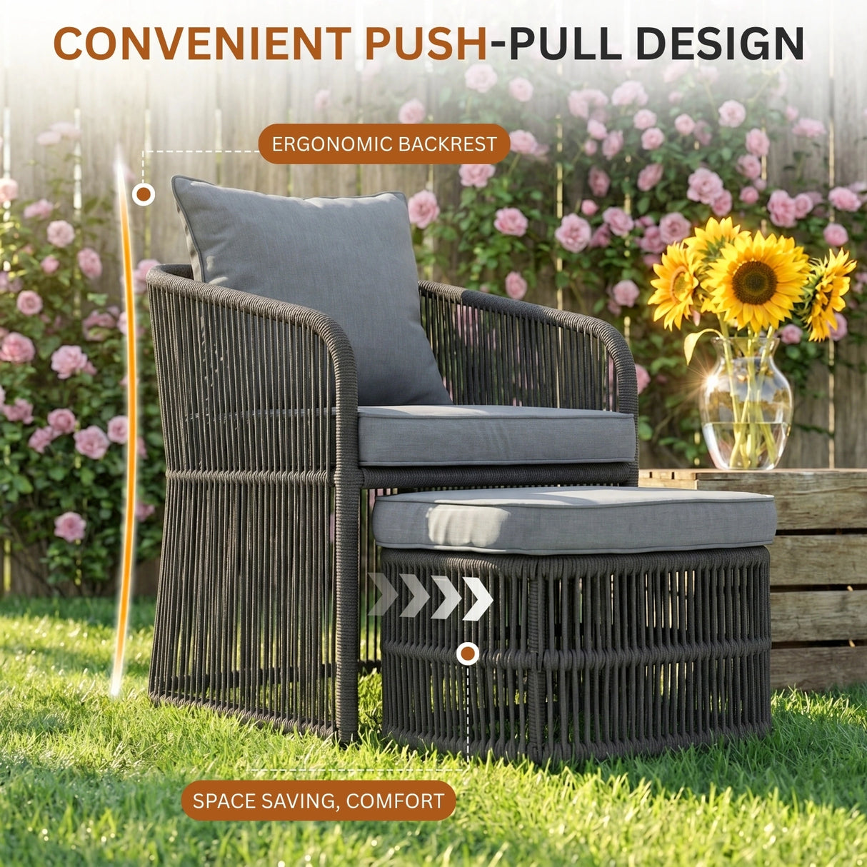 Outdoor 5 Piece Rope Patio Chair Ottoman Set (Grey)