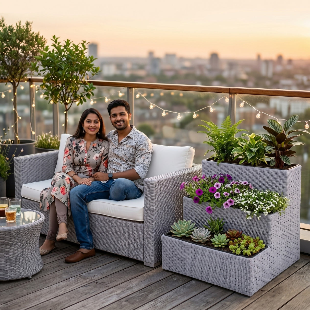 Outdoor 3-Tier Wicker Raised Planter Stand (Silver Grey)