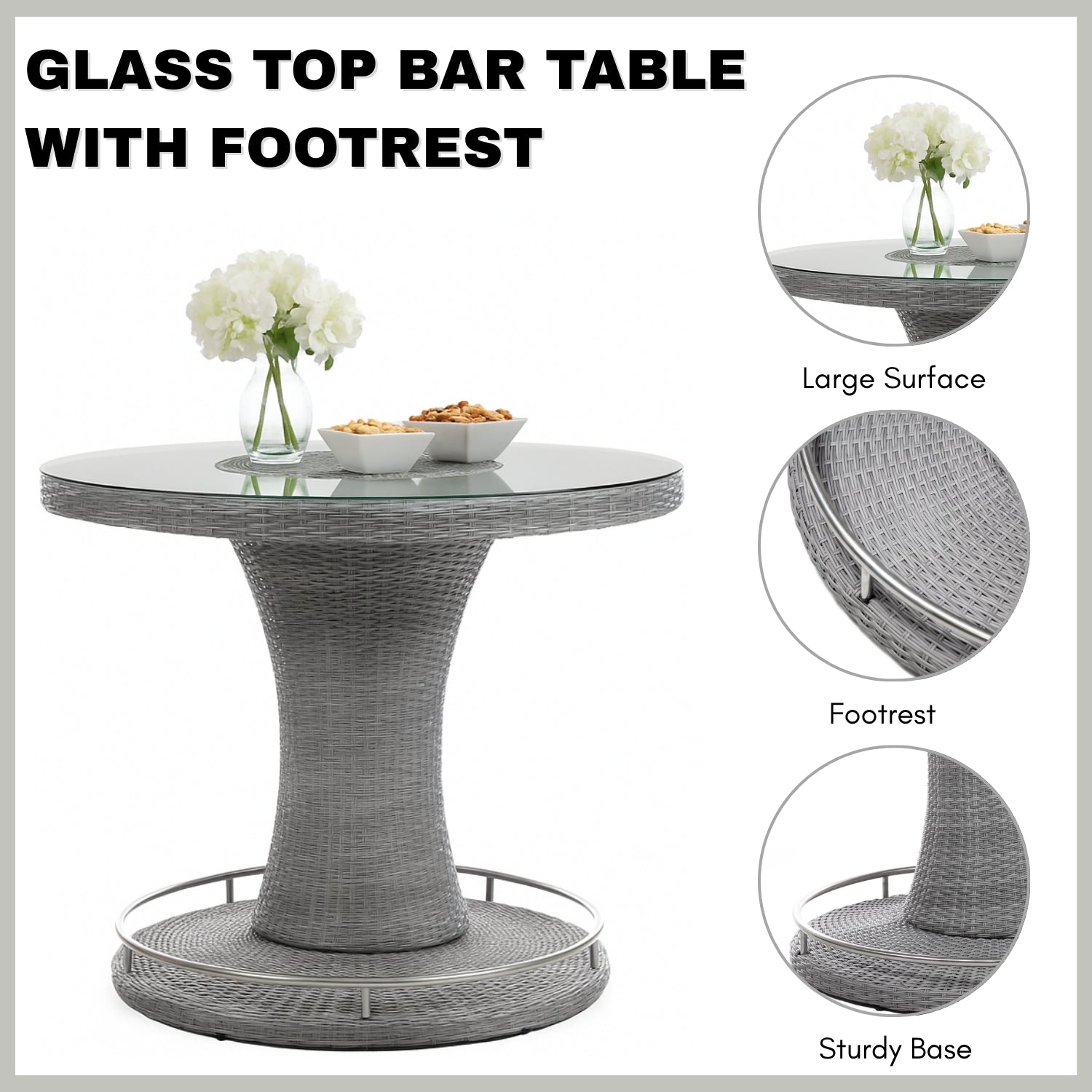 7-Piece Outdoor Rattan Wicker Bar Set with Round Glass Top Table