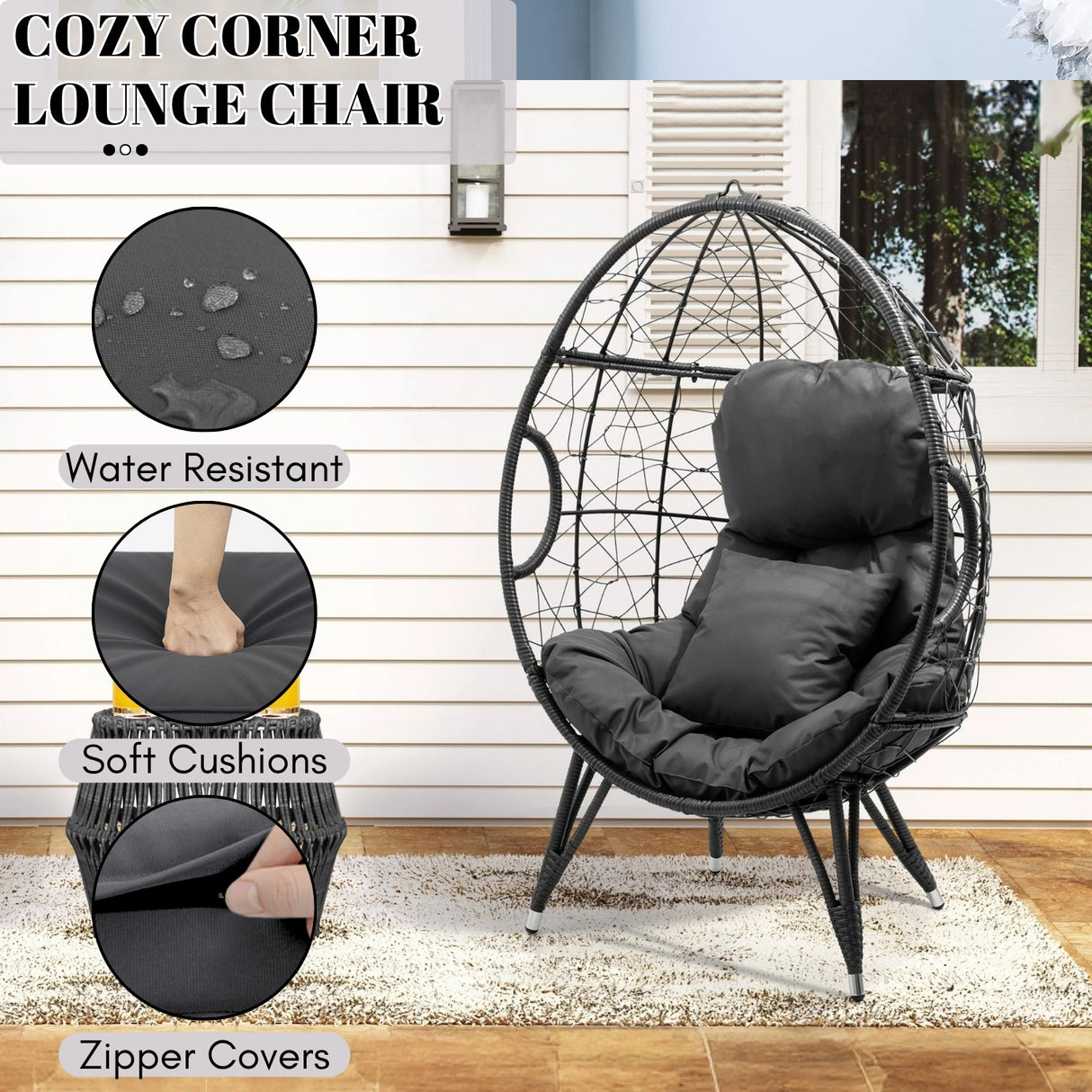 Outdoor All-Weather Wicker Egg Chair (Black)