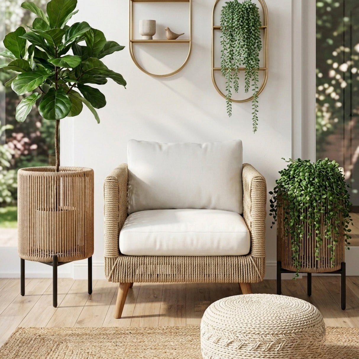 Outdoor Rope Set of 2 Planter with Metal Stand (Beige)