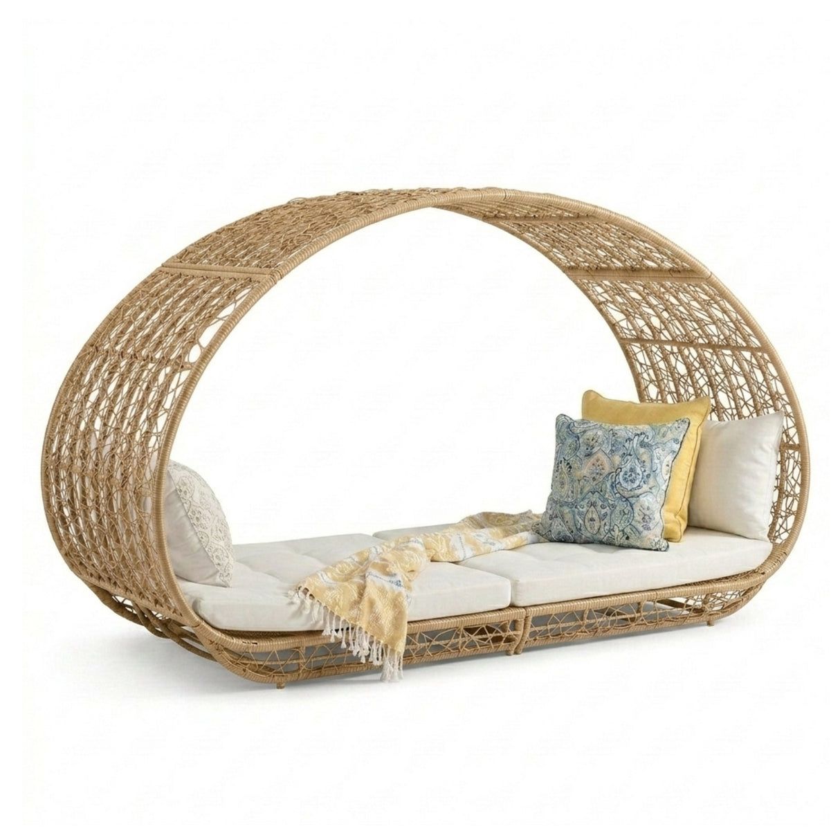 Outdoor Rattan Wicker Daybed with Oval-Shaped Canopy Frame (Beige & Off-White)