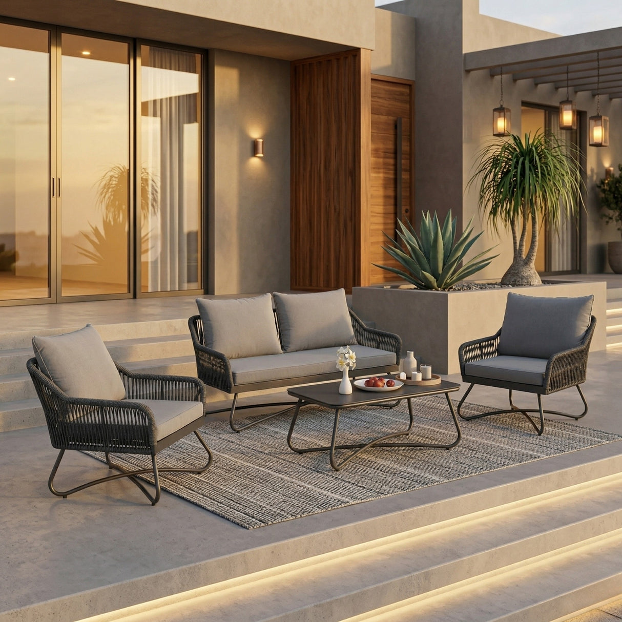 Outdoor 4 Seater Rope Conversation Sofa Set