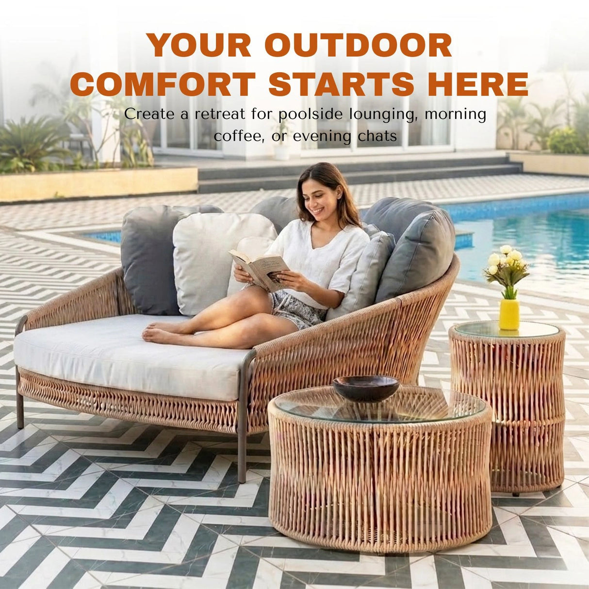 Outdoor Patio Rope Daybed With Center and Side Tables