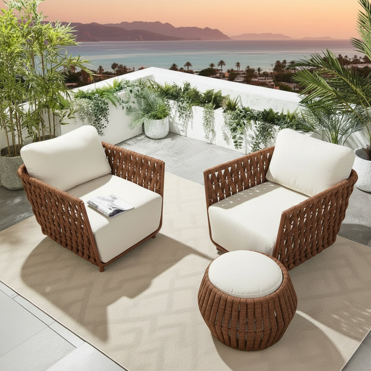 Outdoor Rope 3-Piece Patio Sofa Set (Brown & Off-White)