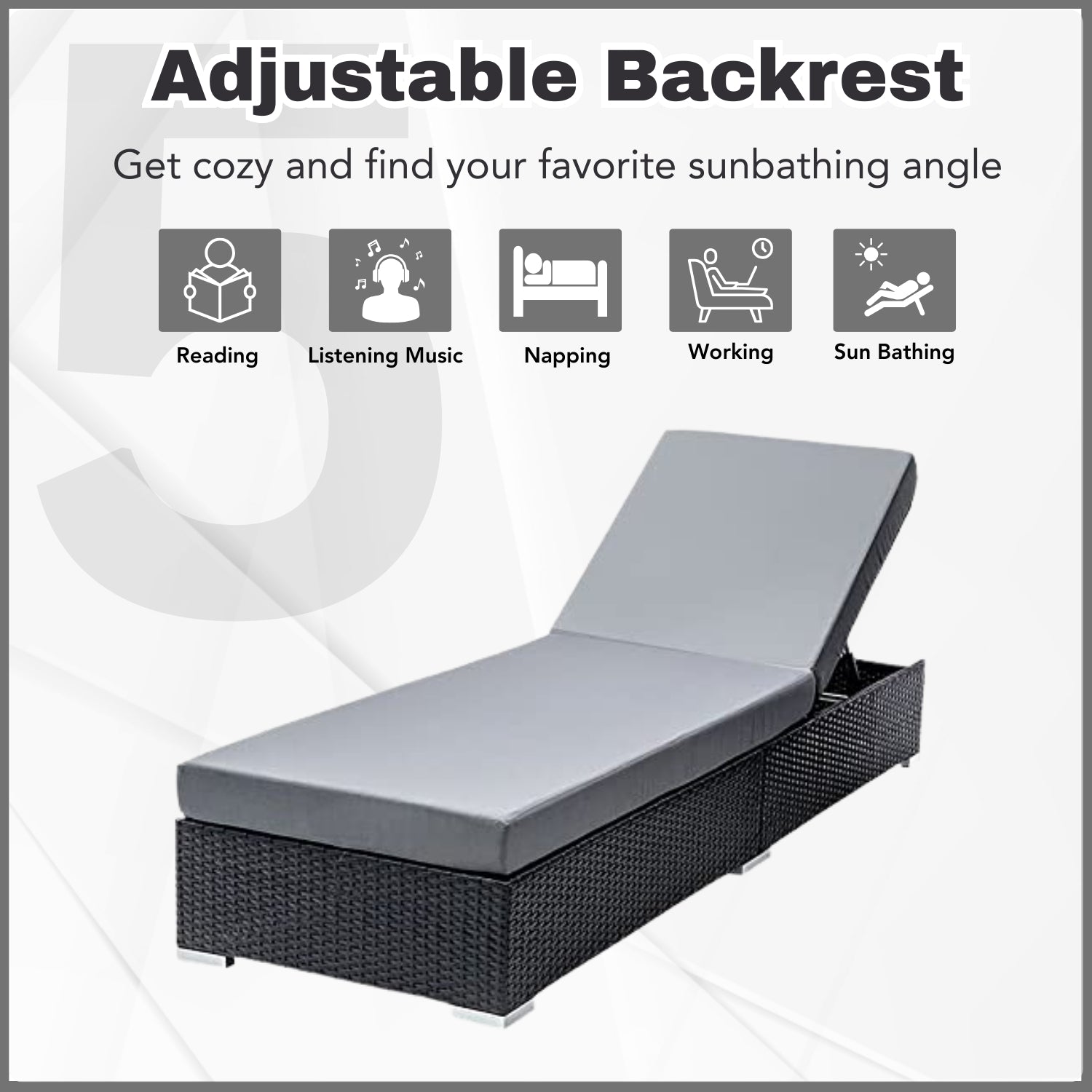 Outdoor All-Weather Rattan Wicker Lounger (Black & Grey)
