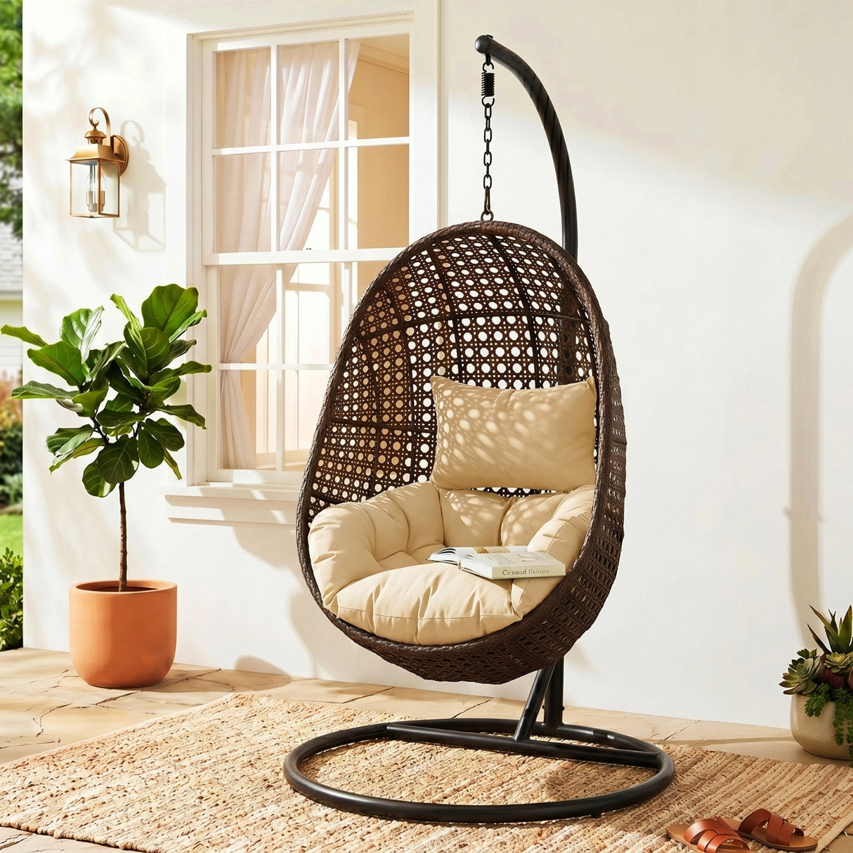 Hanging Egg Swing Chair (Dark Brown and Cream)