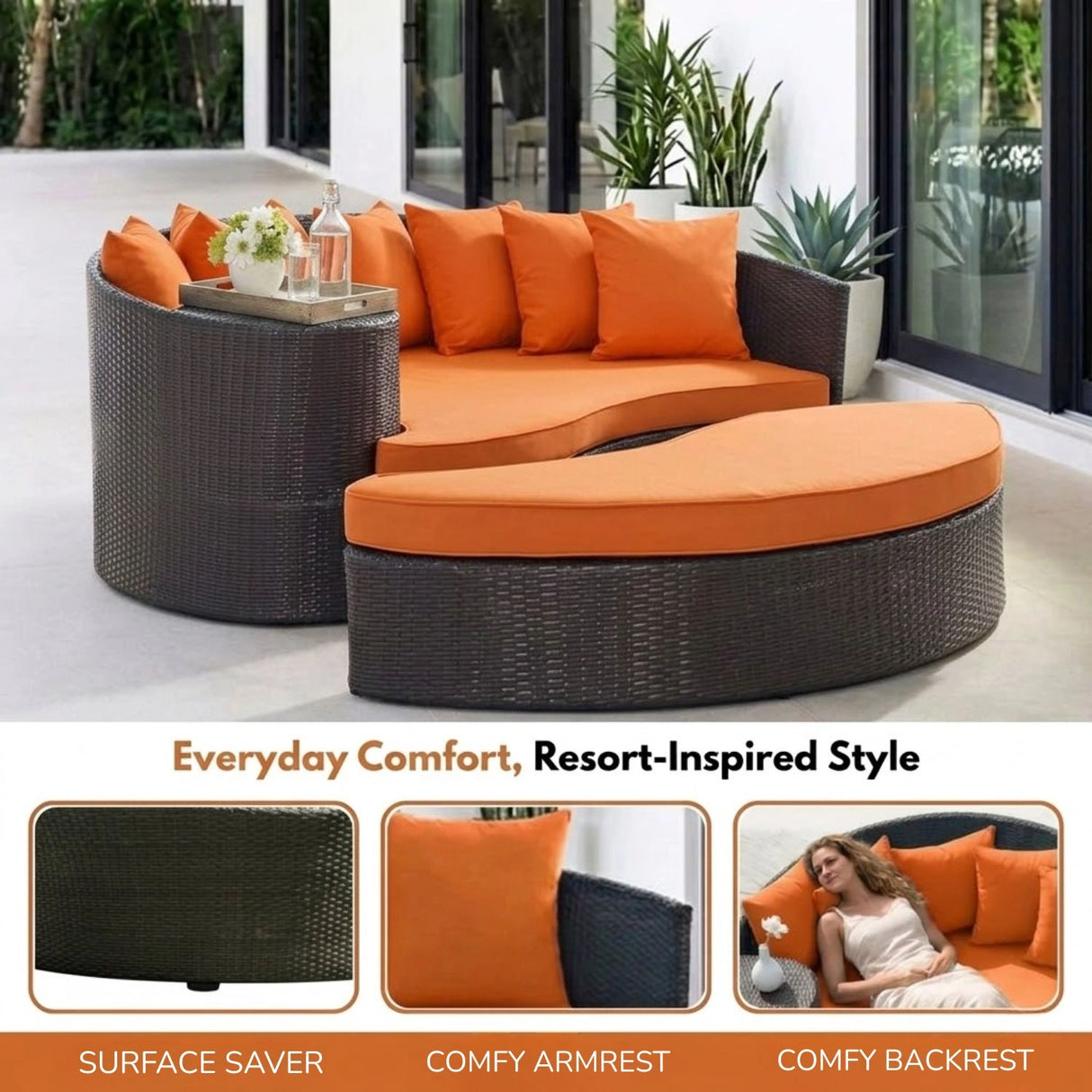 Outdoor Rattan Wicker Daybed (Dark Brown & Orange)