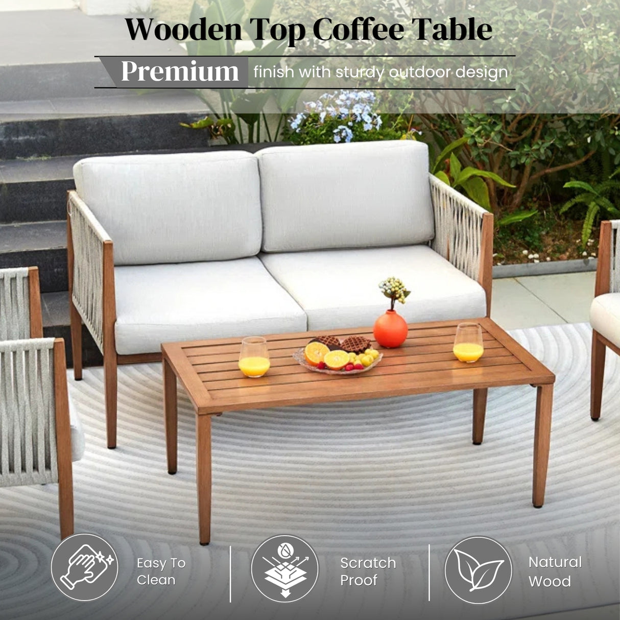 Outdoor Rope Sofa Set with Teak Wood Frames (Grey)