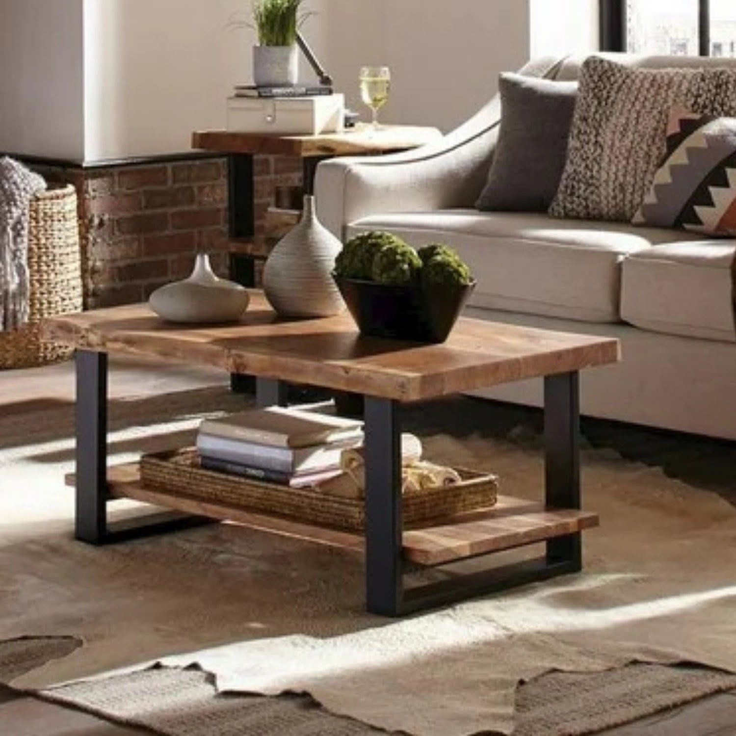 2-Tier Natural Wood Top Center Table