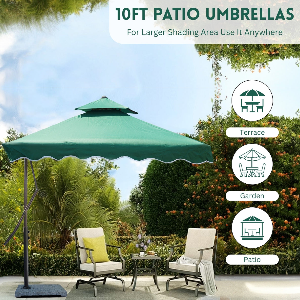 10ft Side Pole Square Shape Outdoor Umbrella With Marble Base (Green)