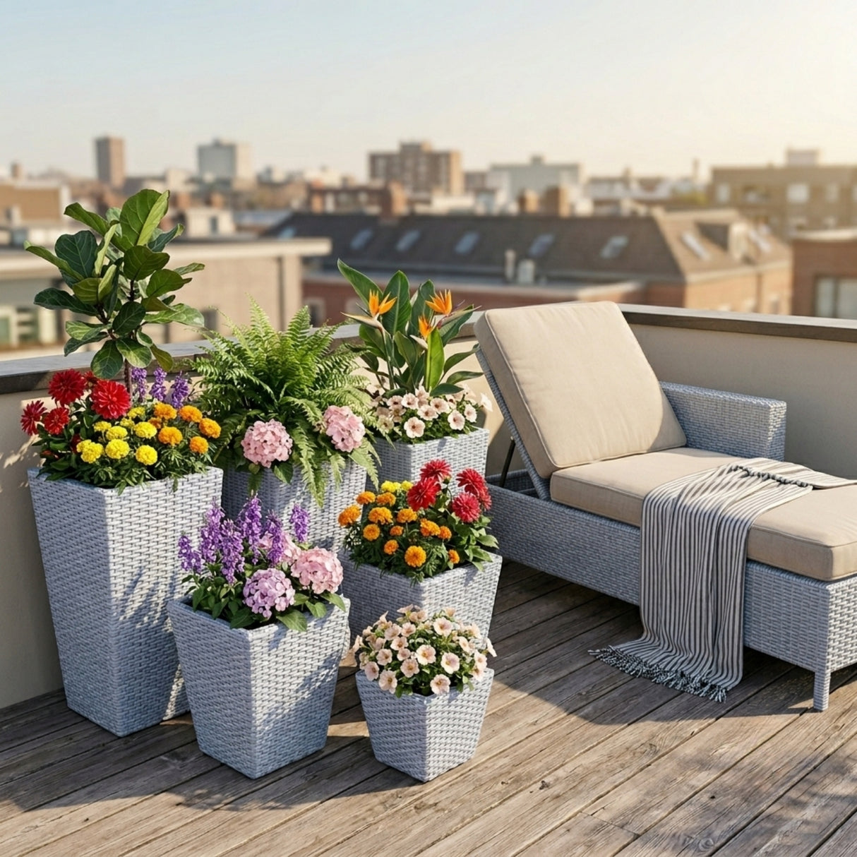 Tall Tapered Set of 6 Outdoor Wicker Planter (Silver Grey)