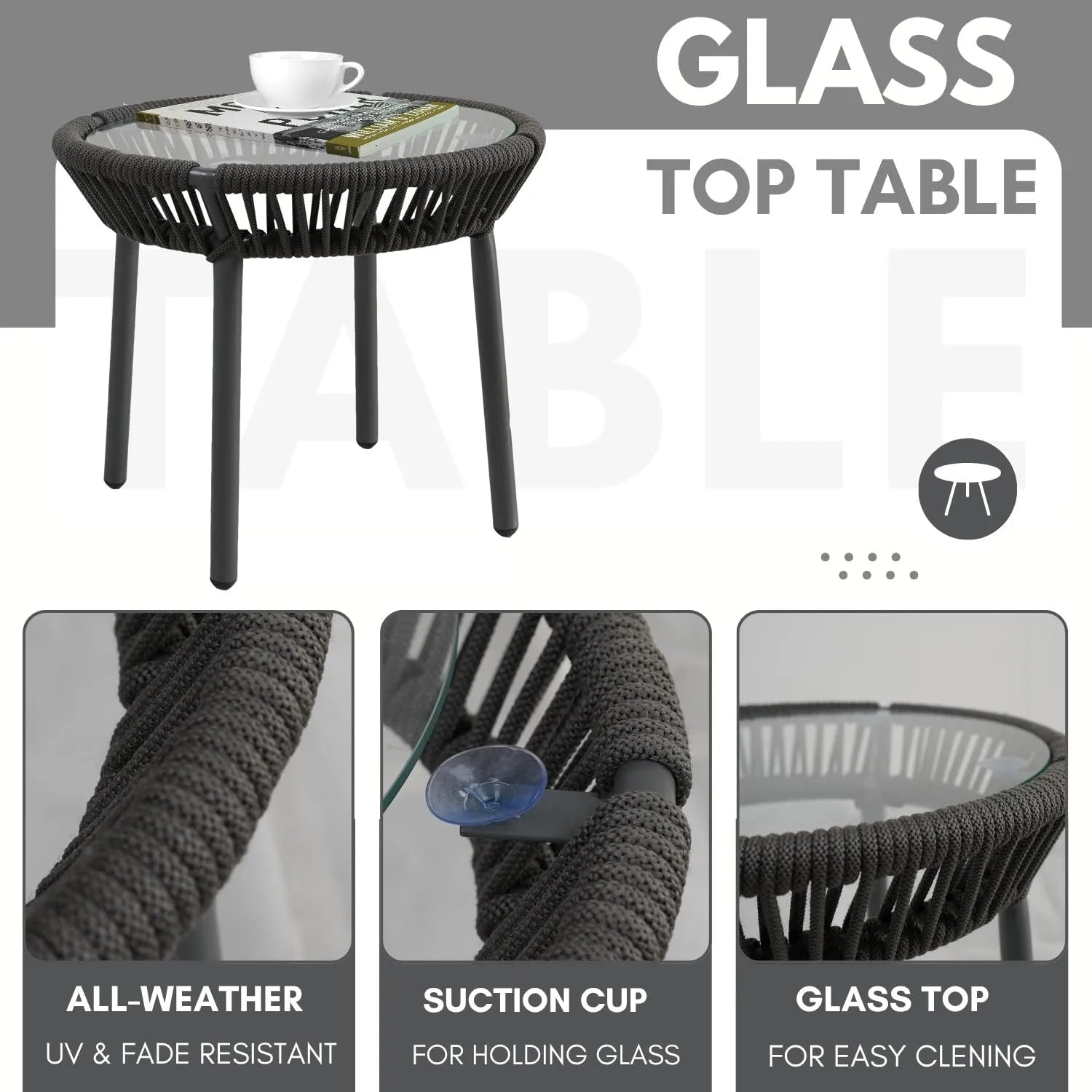 Outdoor Rope Patio Set with Glass Top Table