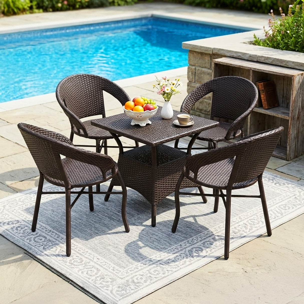Outdoor Rattan Wicker 5-Piece Patio Furniture Set (Dark Brown)