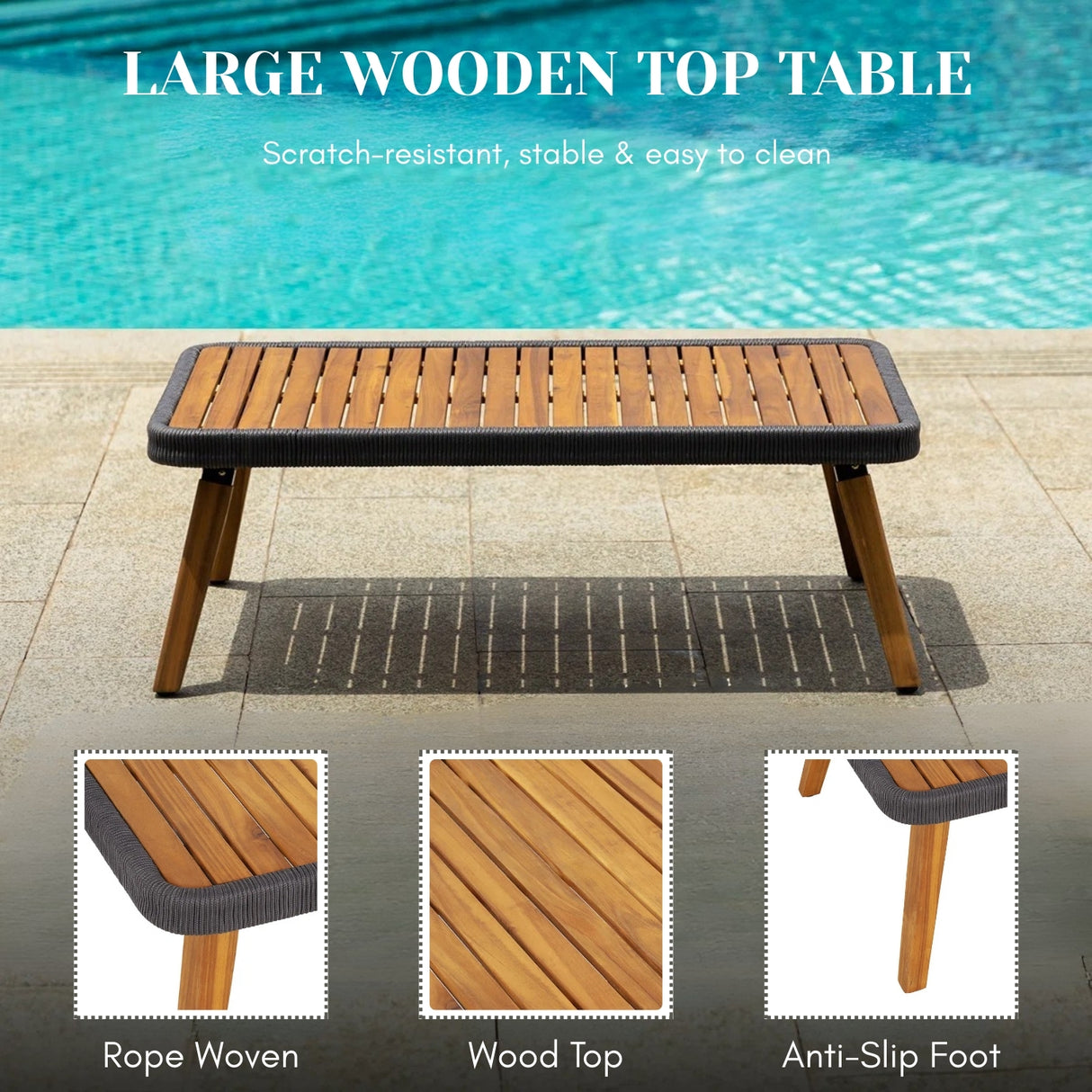 4-Piece Outdoor Rope Patio Furniture Set with Wood-Top Table