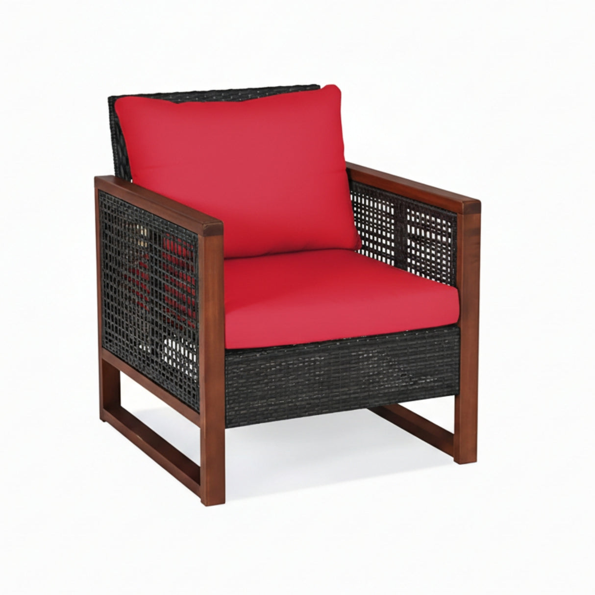 Outdoor Wicker 3-Piece Patio Furniture Set with Solid Wooden Frames (Dark Brown & Red)