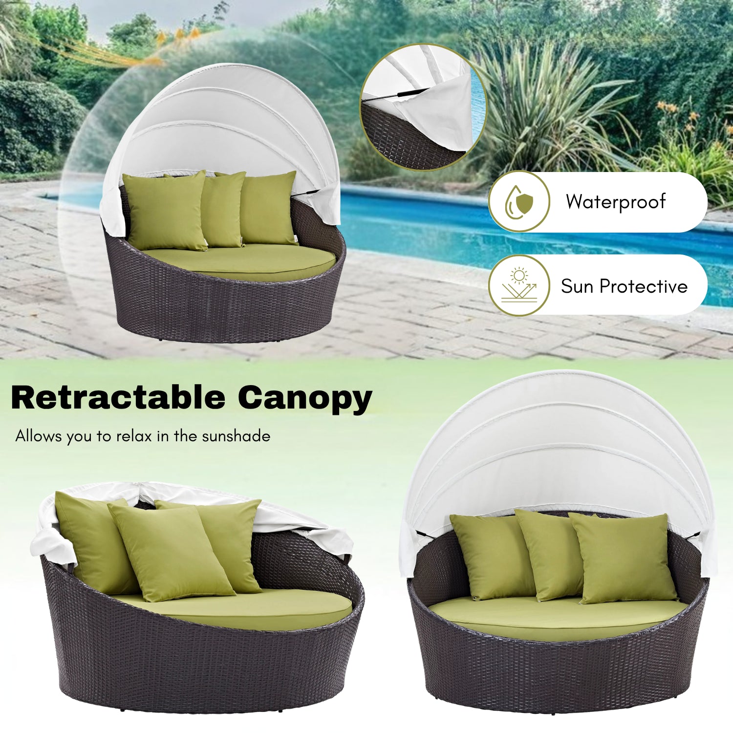 Outdoor Rattan Wicker Patio Daybed with Retractable Canopy
