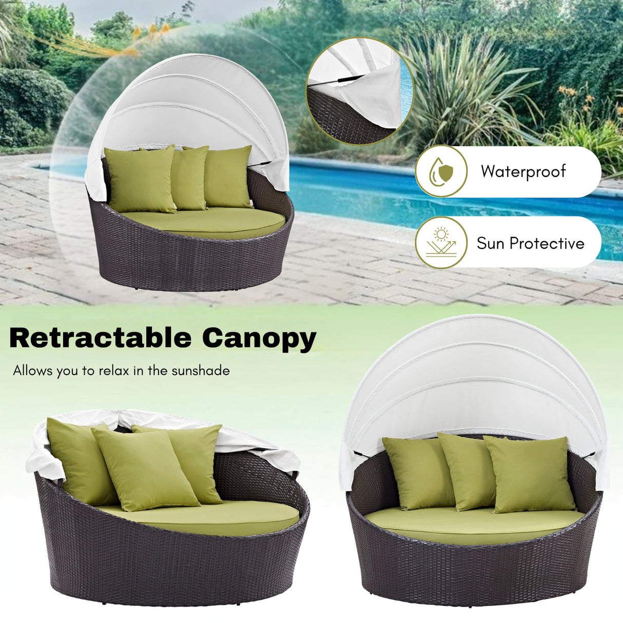 Outdoor Rattan Wicker Patio Daybed with Retractable Canopy