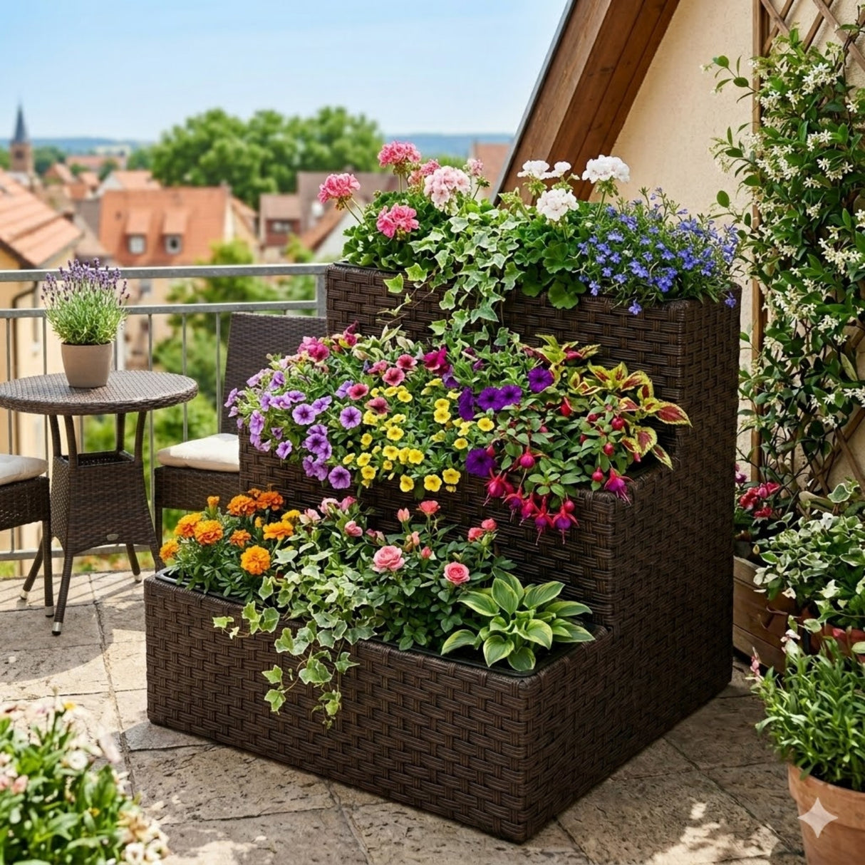 Outdoor 3-Tier Wicker Raised Planter Stand (Dark Brown)