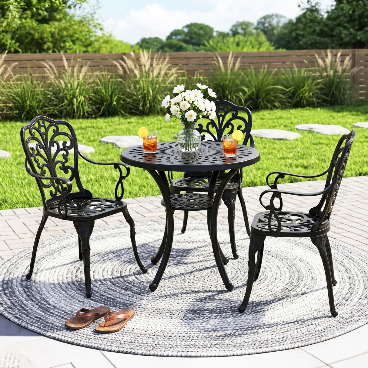3-Seater Outdoor Cast Aluminum Bistro Set with Round Table (Black)