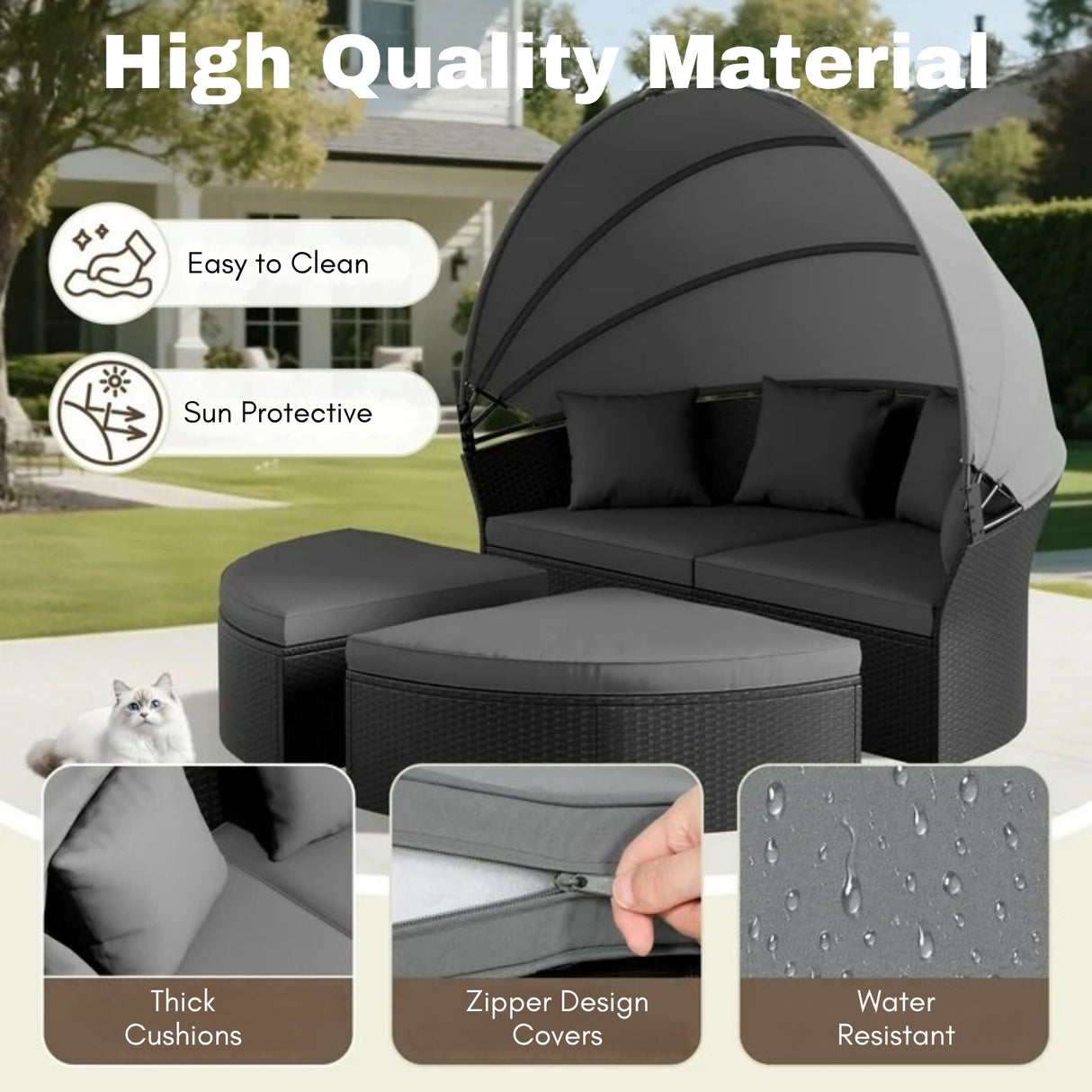 Outdoor Round Canopy Daybed Wicker Patio Furniture Set with Cushions