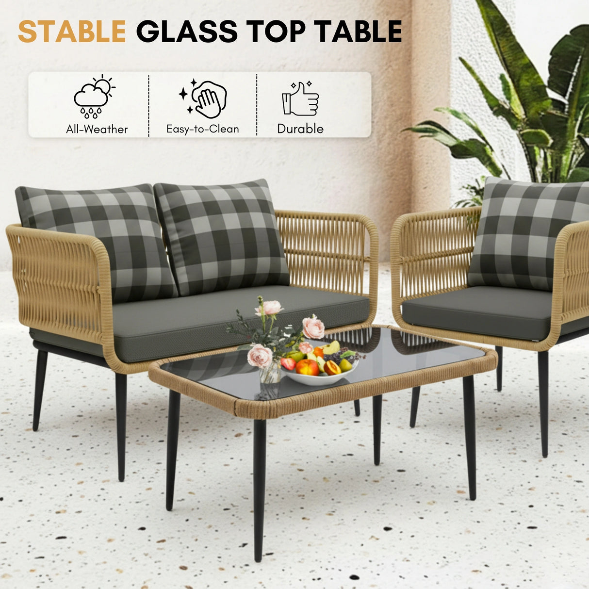 Outdoor 4-Seater Rope Conversation Set (Beige & Dark Grey)