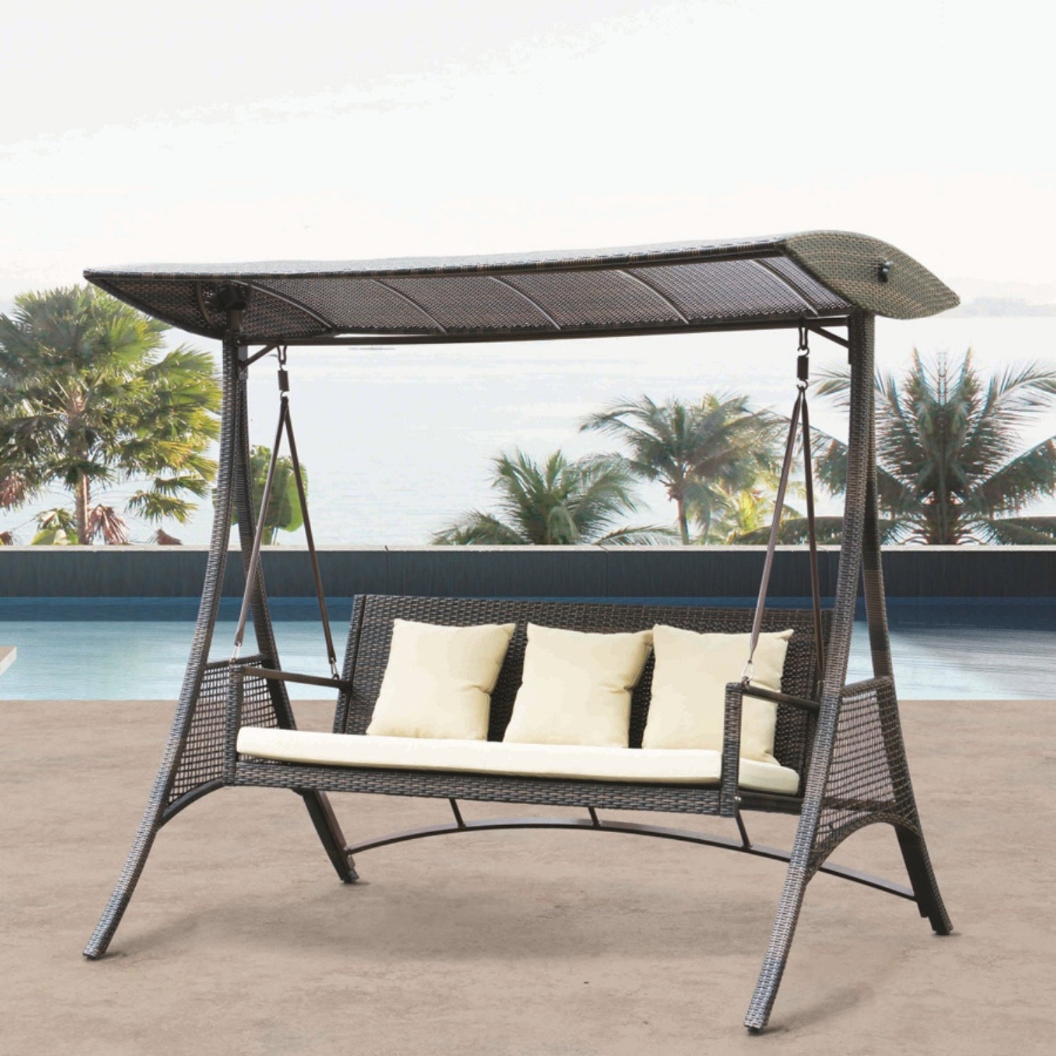 Outdoor Rattan Wicker 3-Seat Patio Swing Chair with Shade & Cushions