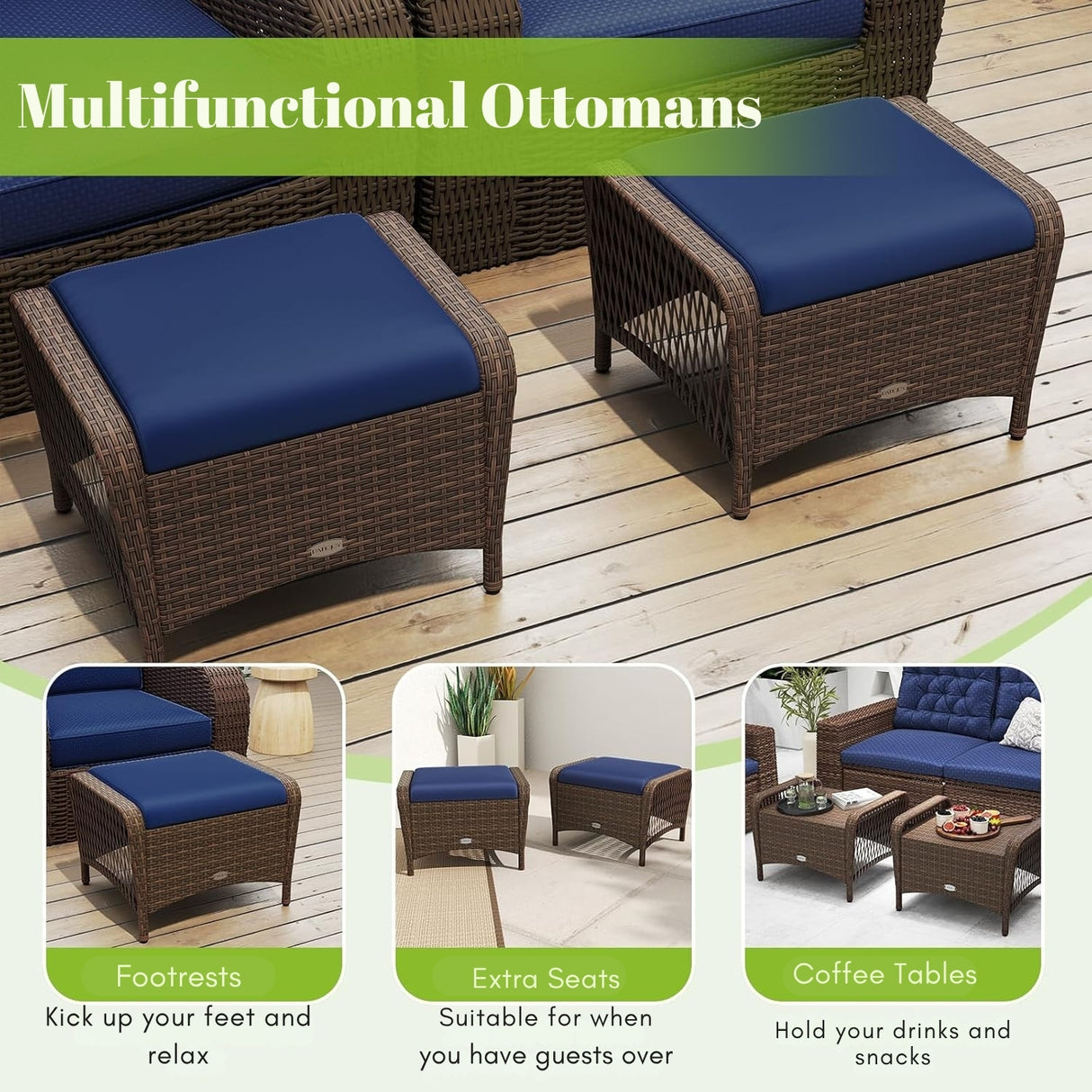 2-Piece Outdoor Rattan Wicker Ottoman Set