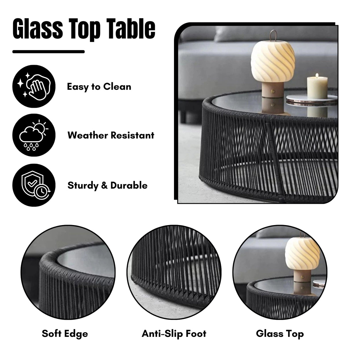 Outdoor Rope 4 Seater Sofa Set With Glass Top Tables