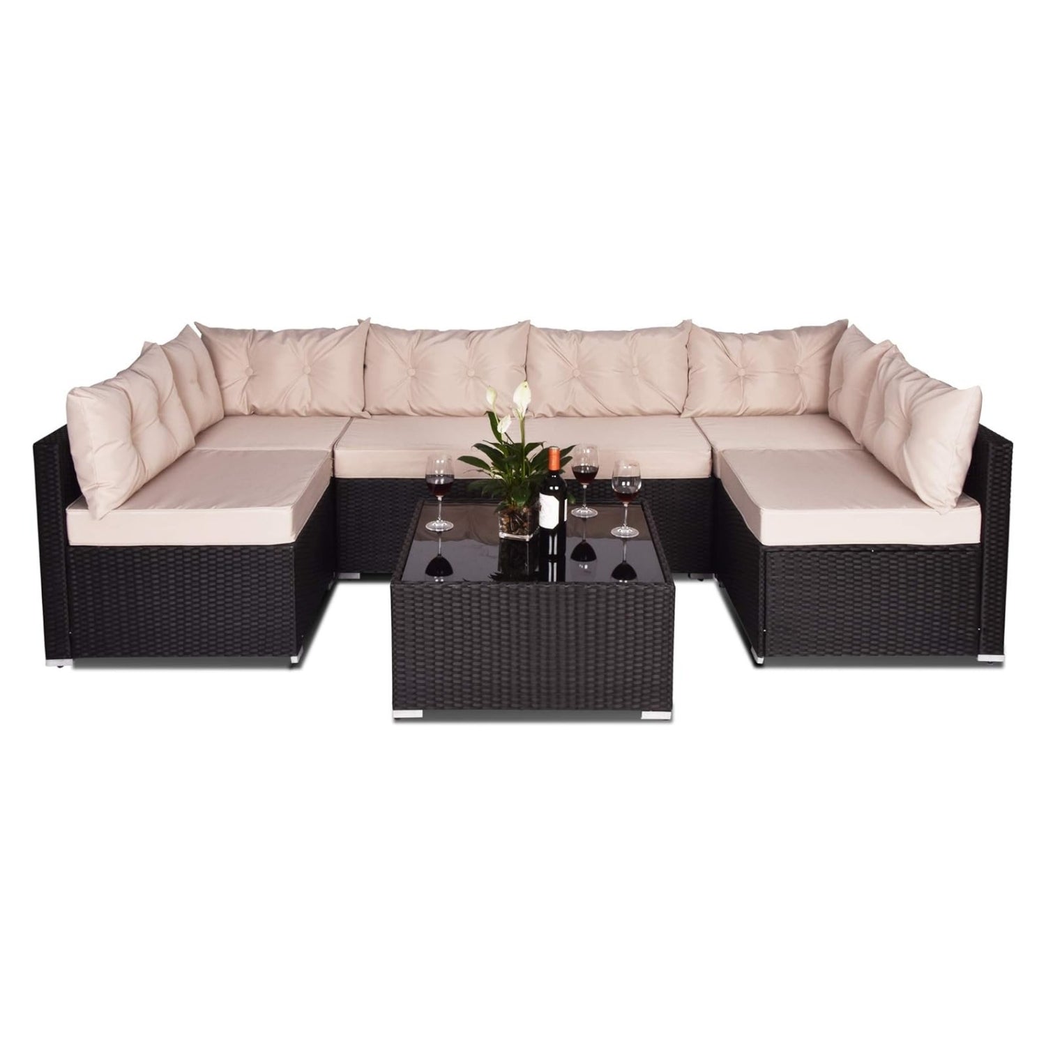 6-Seater Outdoor Garden Conversation Sofa Set (Dark Brown & Cream)