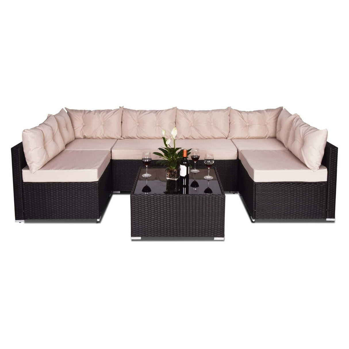 6-Seater Outdoor Garden Conversation Sofa Set (Dark Brown & Cream)