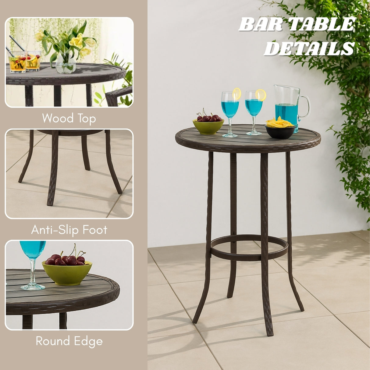 Outdoor Rattan Wicker Bar Set with Round Table