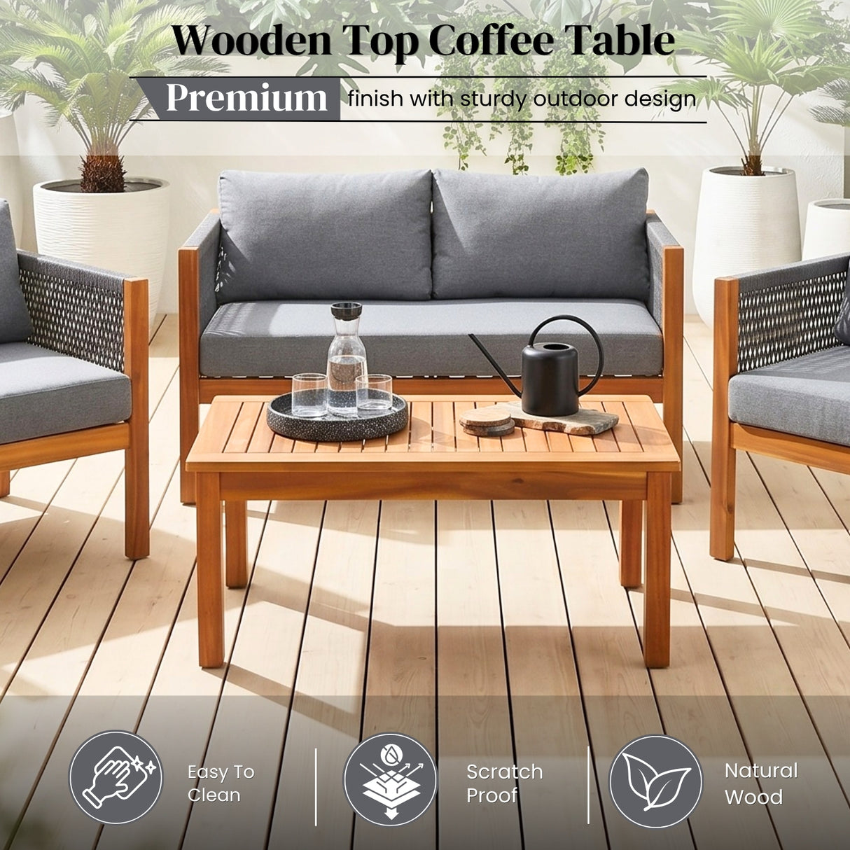 Outdoor Rope Sofa Set with Teak Wood Frame (Grey)