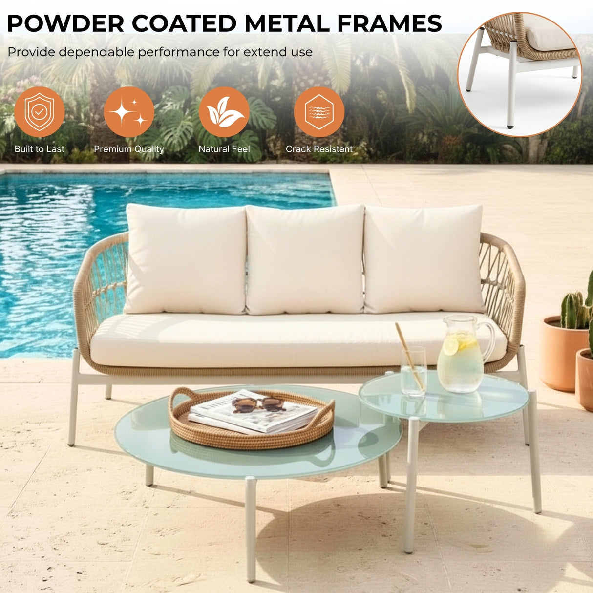 Outdoor 5 Seater Rope Conversation Sofa Set (Beige & Cream)
