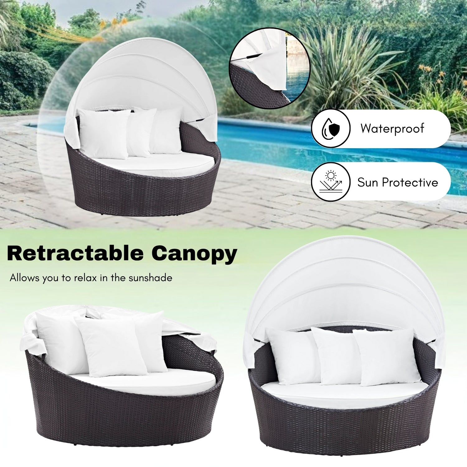 Outdoor Rattan Wicker Patio Daybed with Retractable Canopy