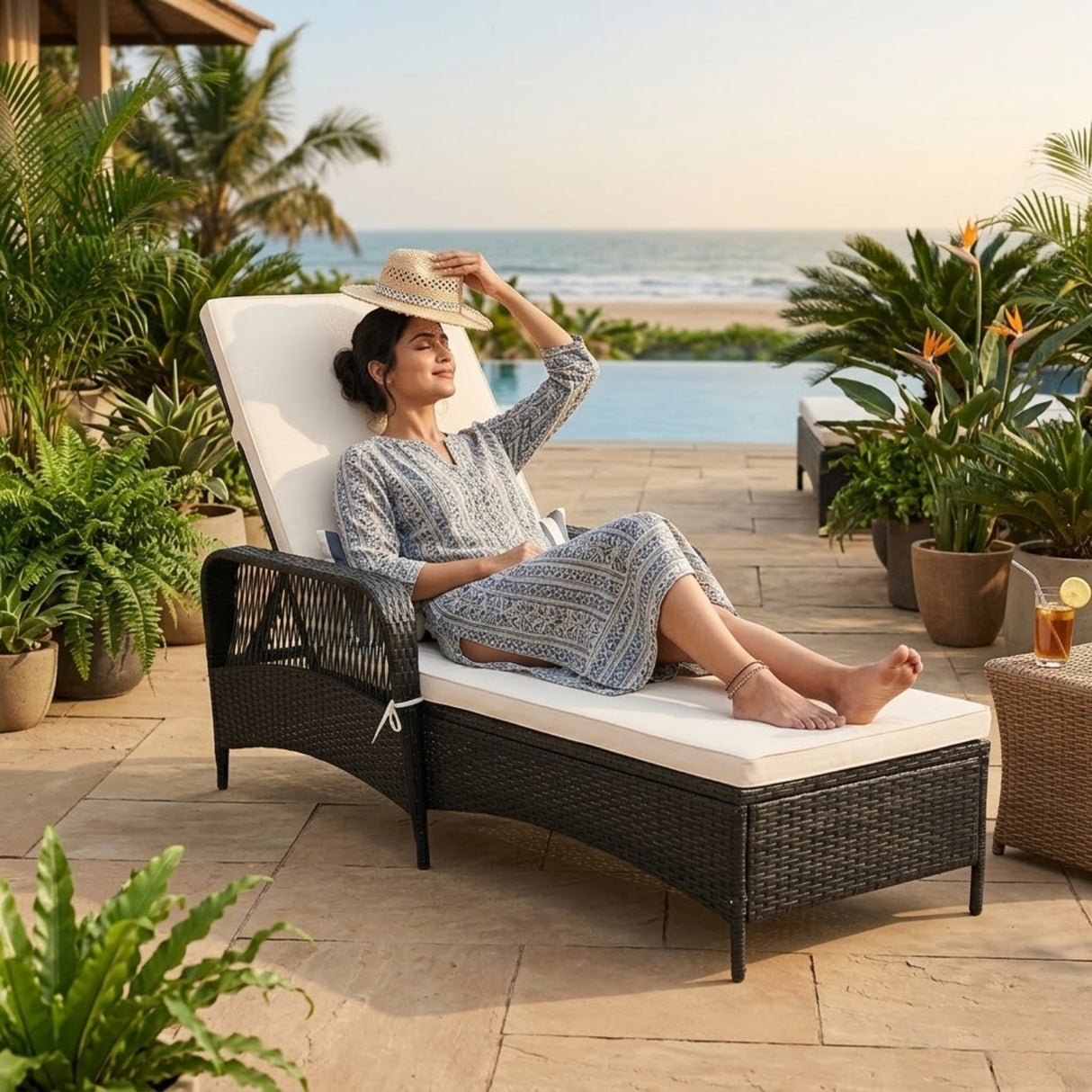 2-Piece Outdoor Rattan Wicker Lounger Set (Black & Off-White)