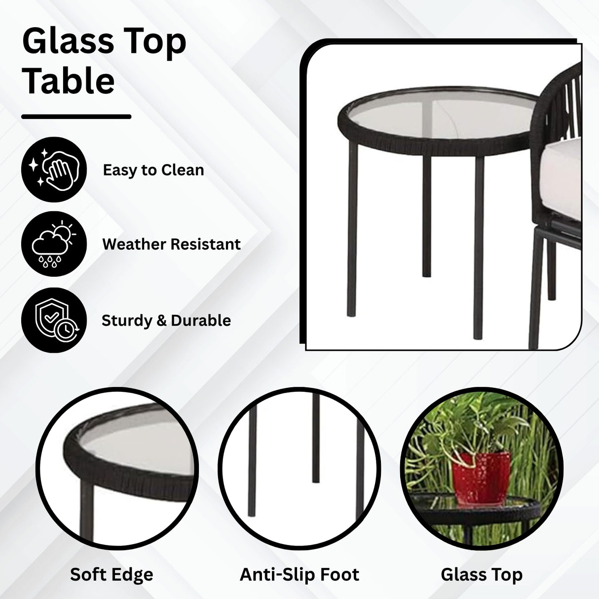 3 Piece Outdoor Rope Bistro Set (Black & White)