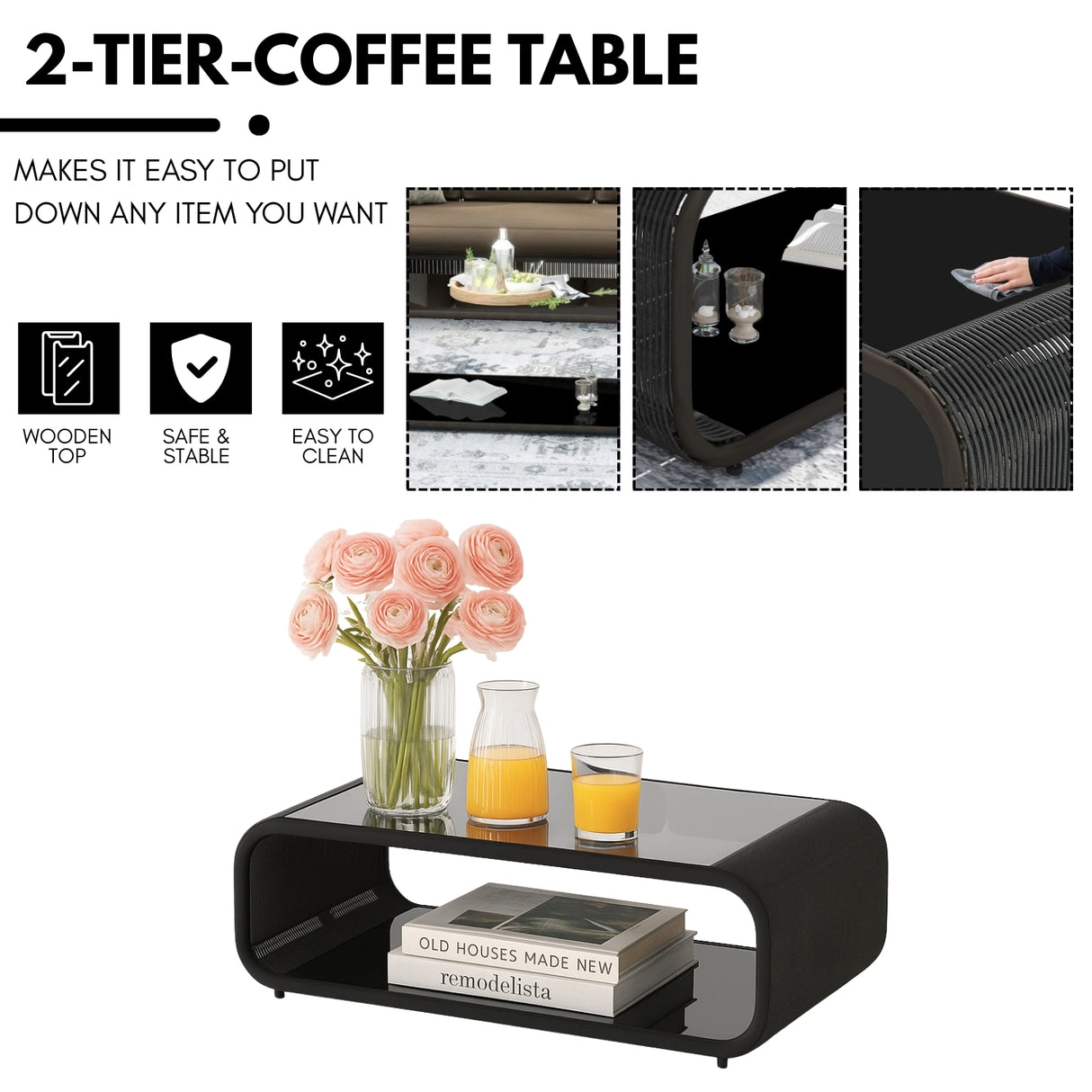 Outdoor Braided Rope Sofa Set With 2-Tier Glass Top Table