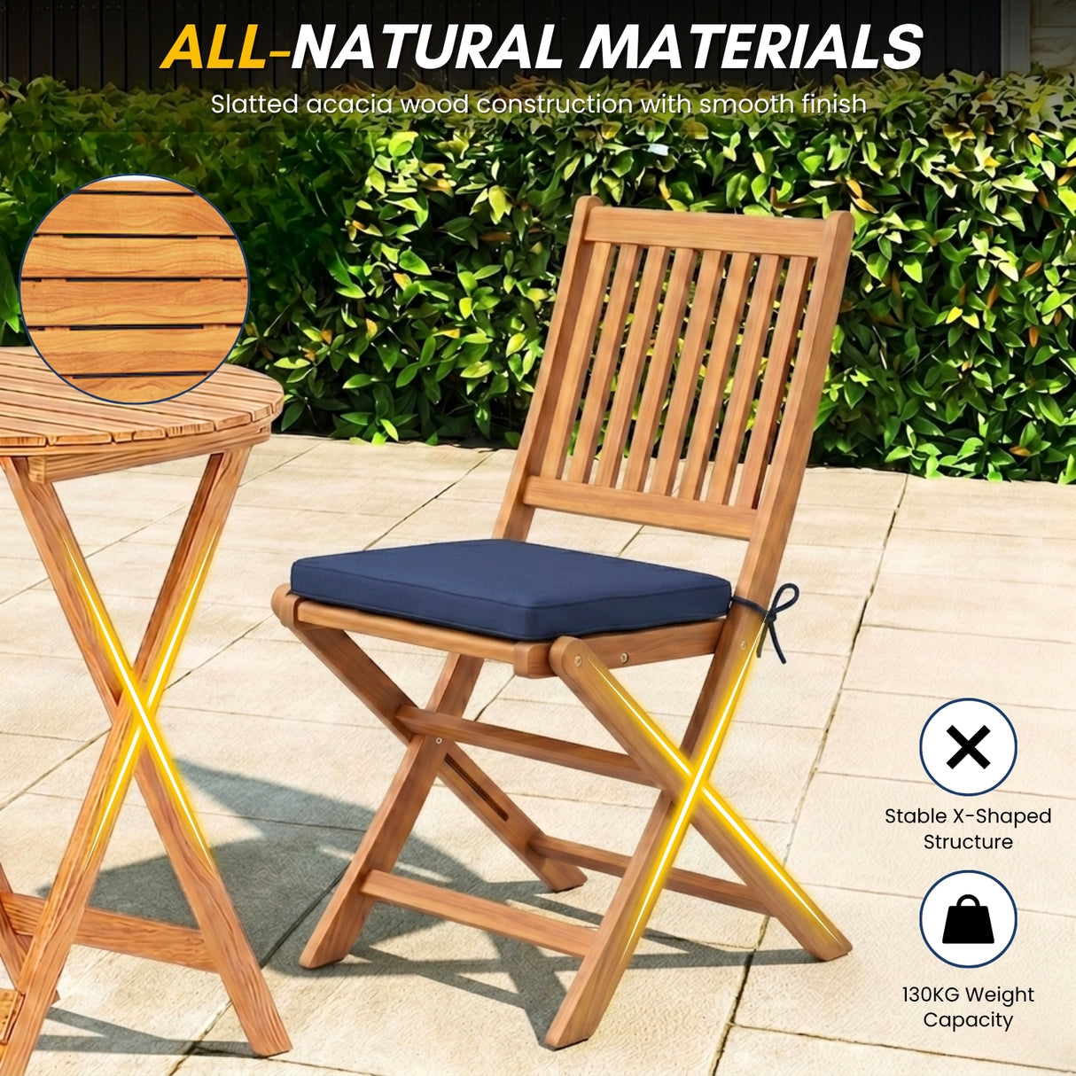 Acacia Wood Foldable Outdoor Bistro Set – 2 Chairs & Round Table