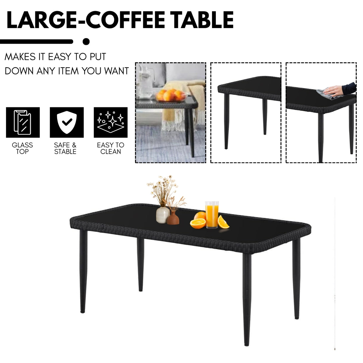 Outdoor Rope 4-Piece Patio Sofa Set with Glass Top Table (Black/Light Grey)