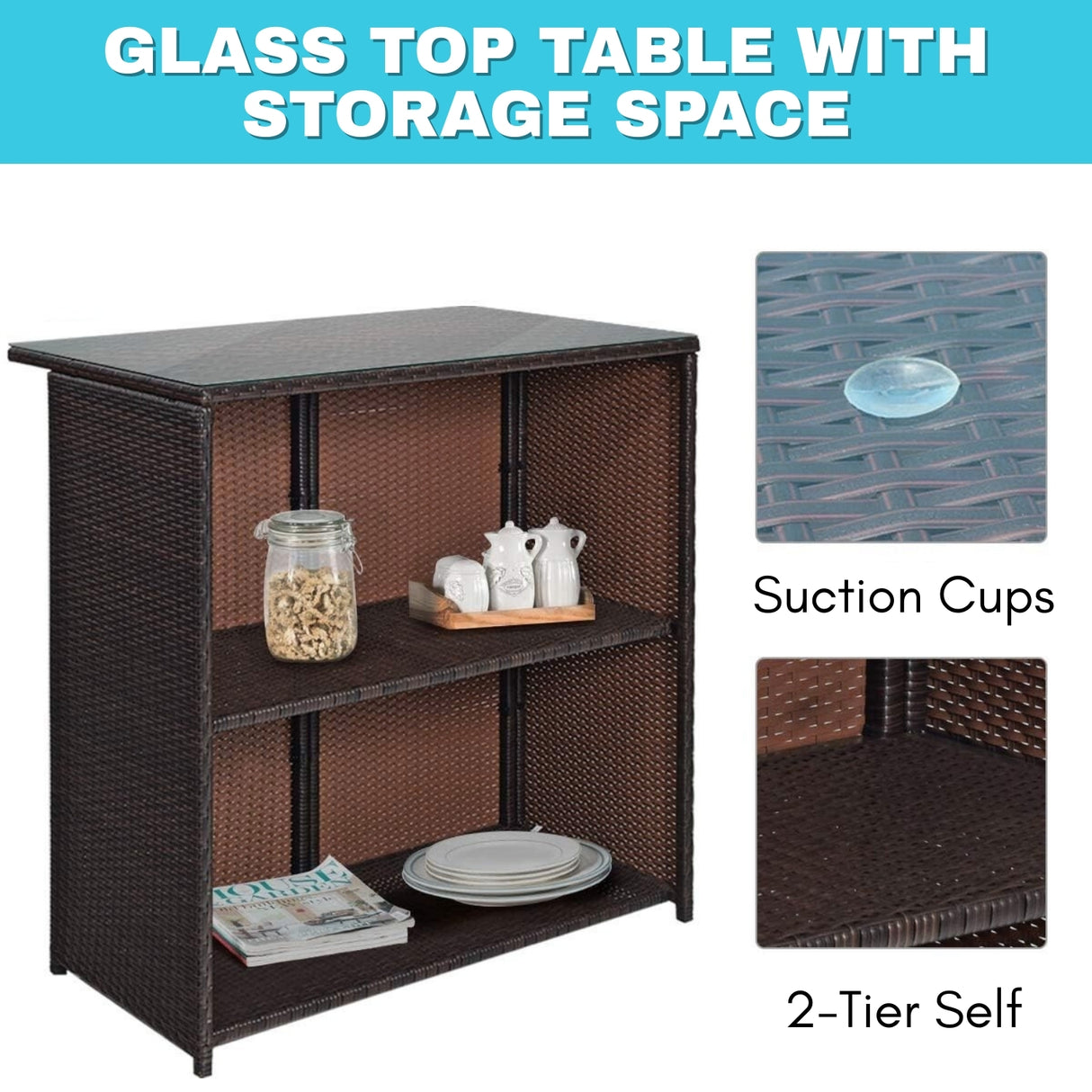 Outdoor Wicker Bar Set with Glass Top, 2 Cushioned Stools