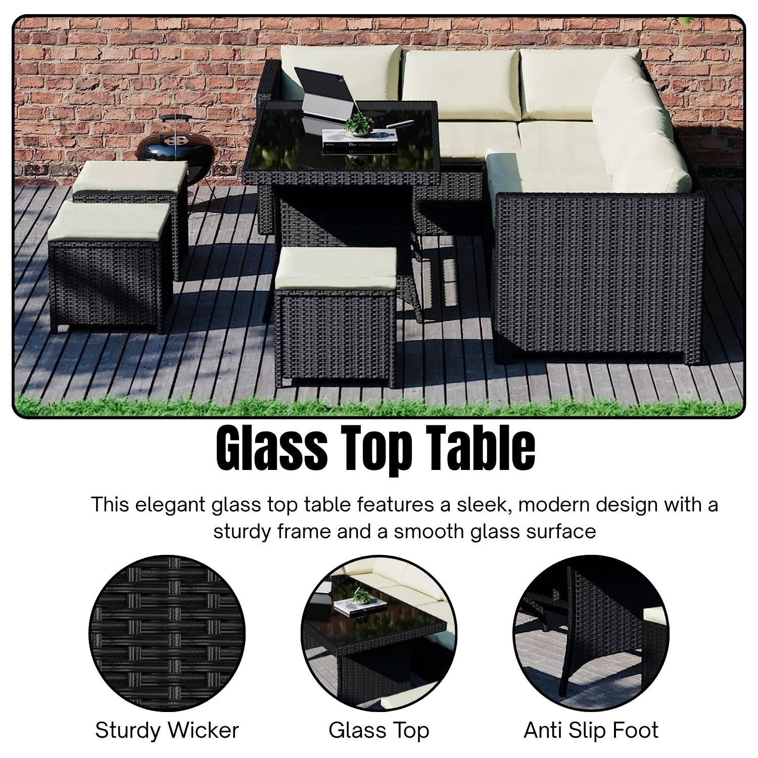 6-Piece Outdoor Wicker Patio Dining Set – Black/Cream