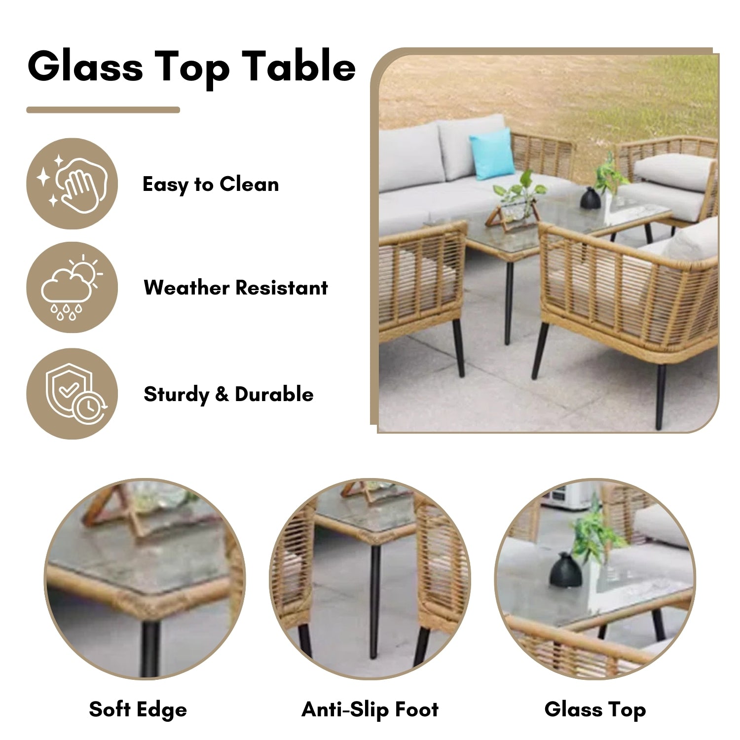 Outdoor Beige Rope 7-Seater Sofa Set With Glass Top Table