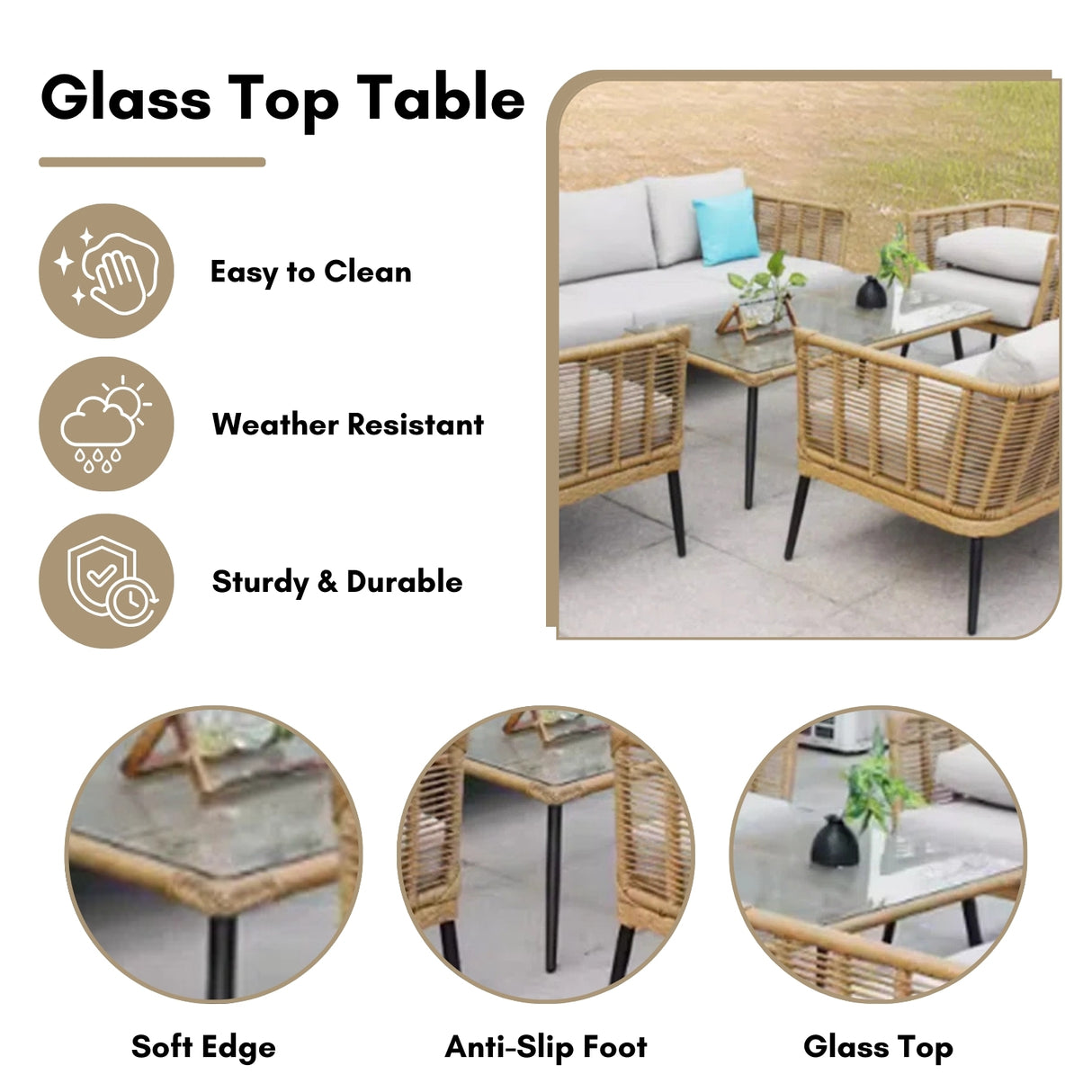 Outdoor Beige Rope 7-Seater Sofa Set With Glass Top Table