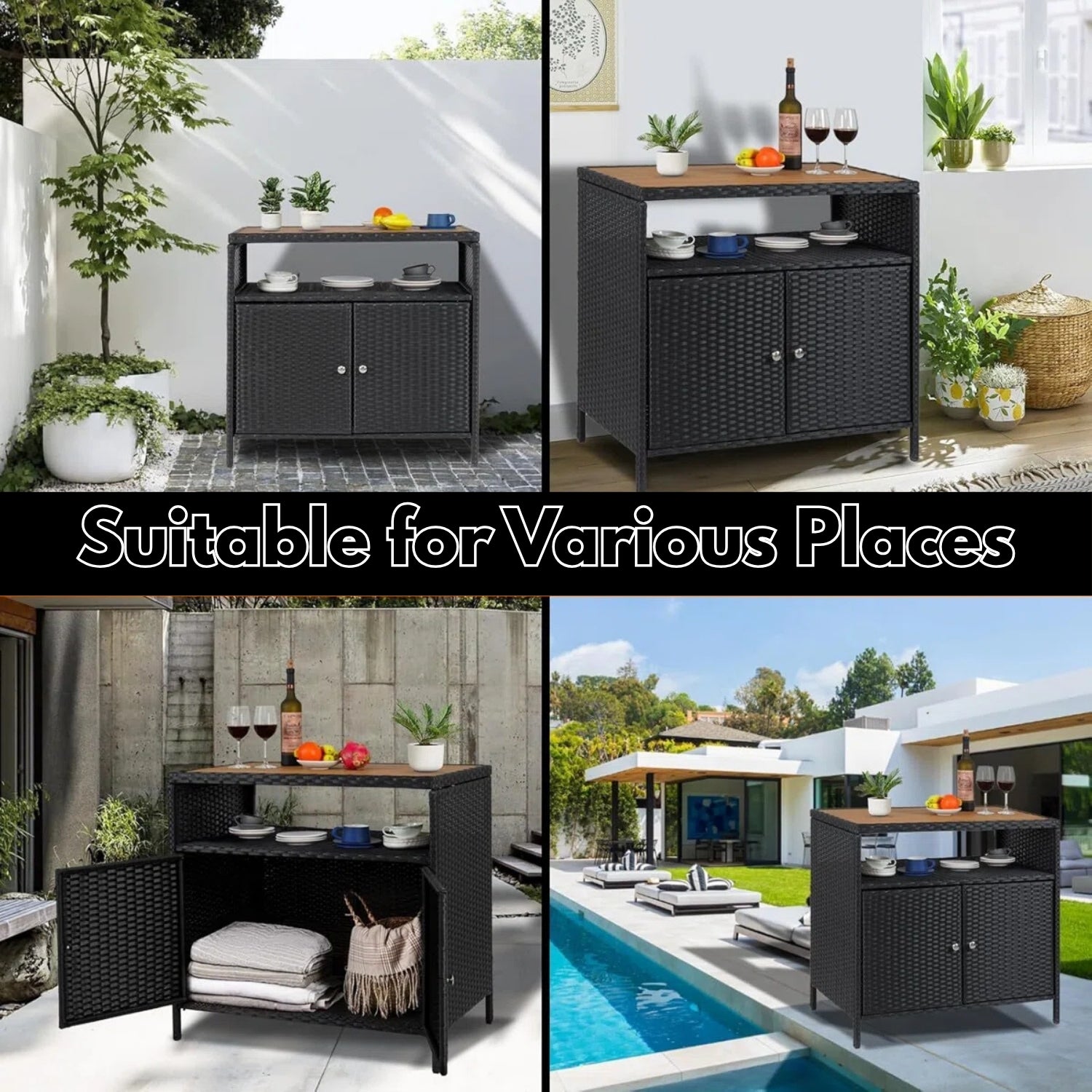 Outdoor Rattan Wicker Bar Table With Wooden Top