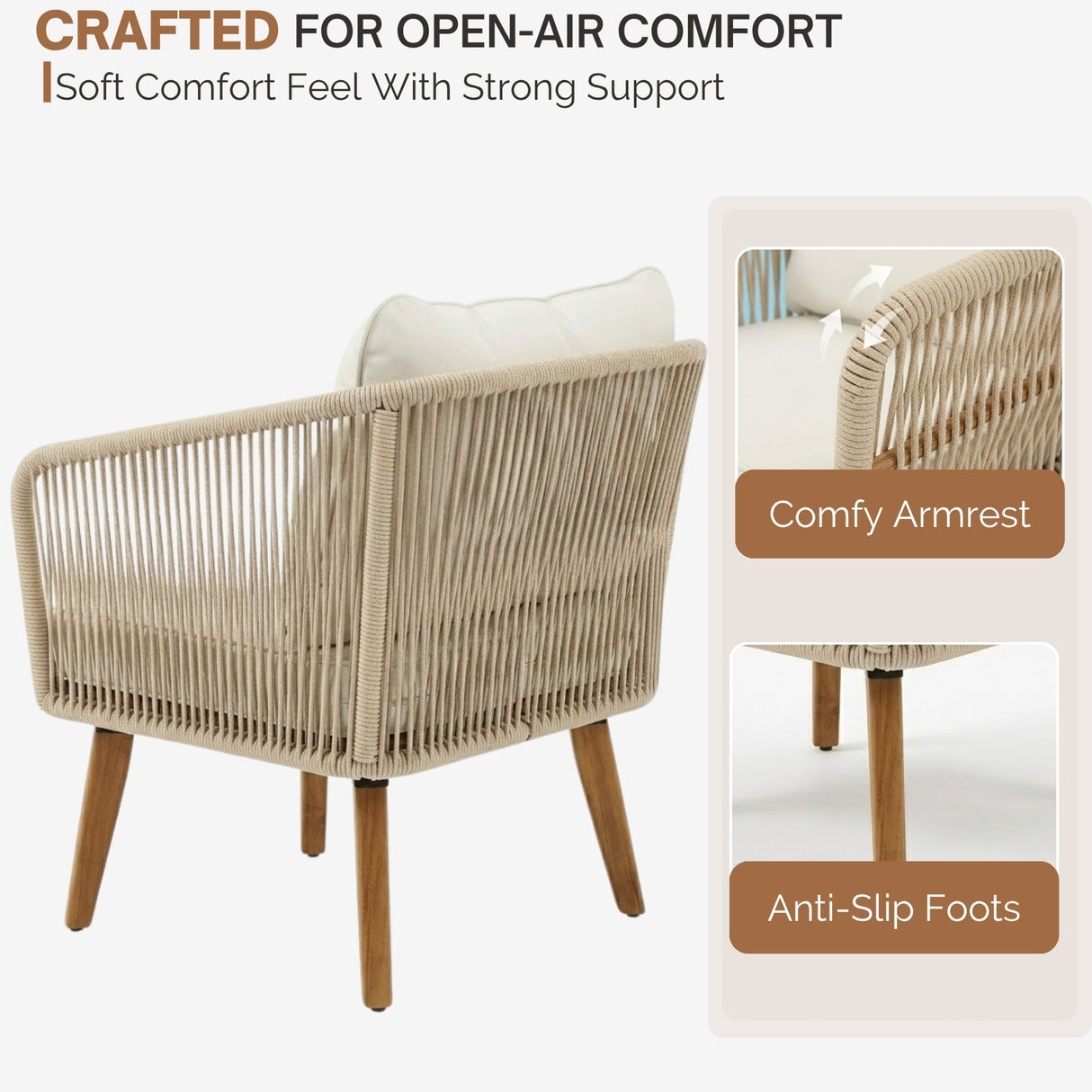 Outdoor Rope 4-Piece Patio Sofa Set with Wooden Legs & Coffee Table (Platinum & Off-White)